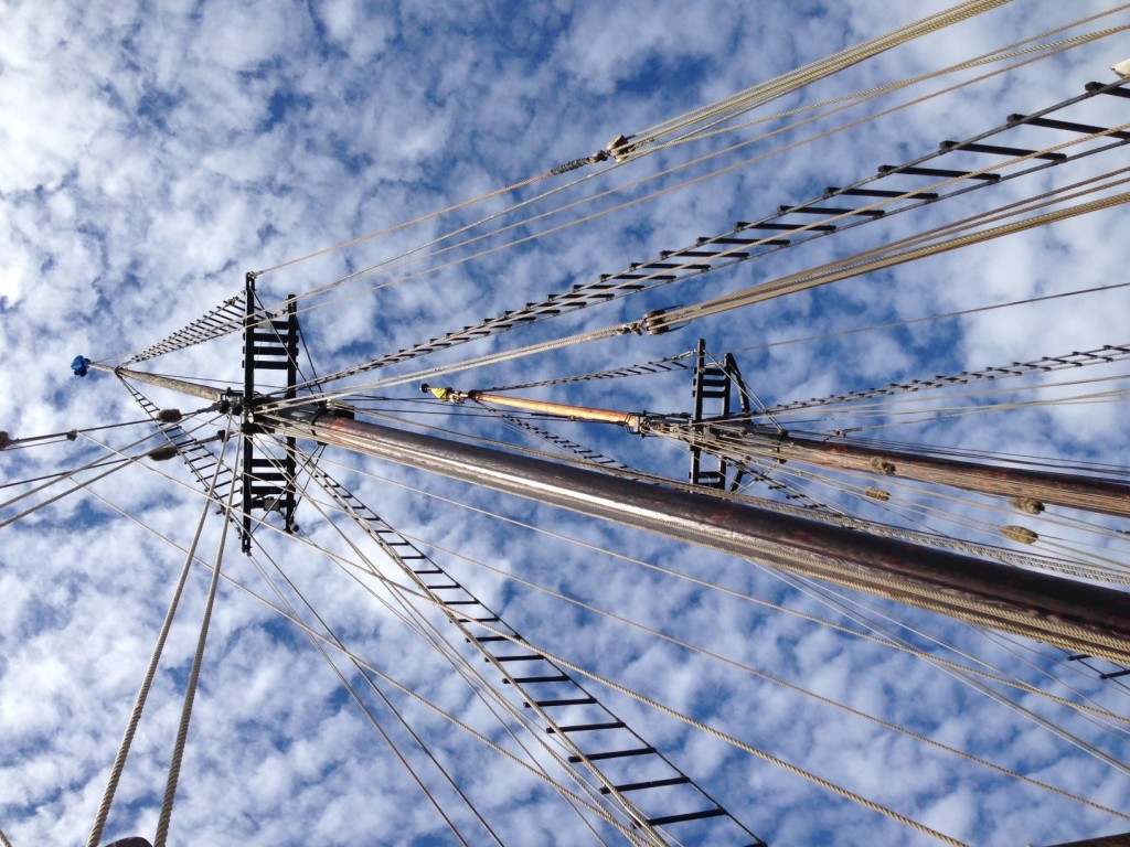 The tall ship schooner Pilgrim's masts, in  San Diego