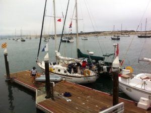 Cool Change rafted up to another Pacific Seacraft at the Morro Bay Yacht Club so that Cindy could wash out our dinghy