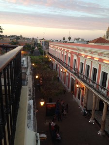 Another of the pedestrian-only streets bordering the Plazuela Machado, with the Mazatlan Arts Academy Building to the right, and the main cathedral in the distance
