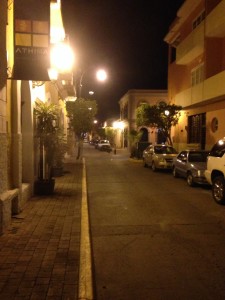 An historic district street at night