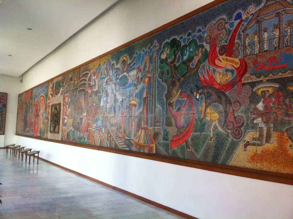 A mosaic tile mural depicting the history of tequila