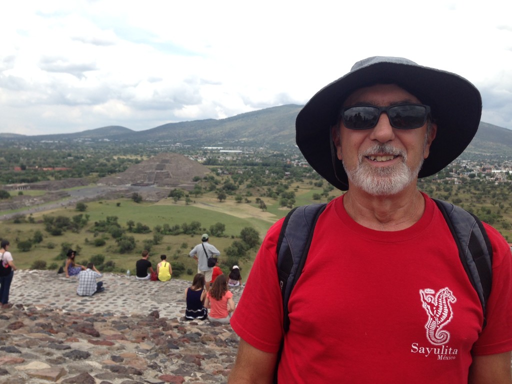 Rick climbed to the top of the Temple of the Moon in Teotihuacan, with the Temple of the Sun in the background